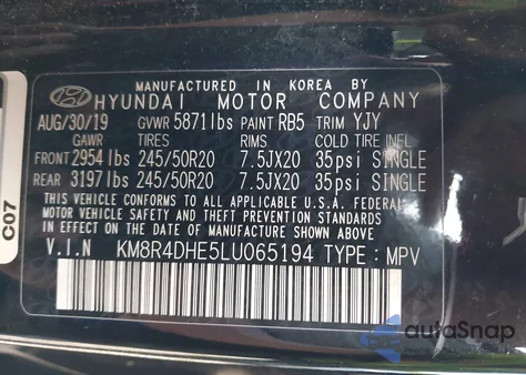 2020 Hyundai Palisade Sel из США, поврежденный, VIN KM8R4DHE5LU065194